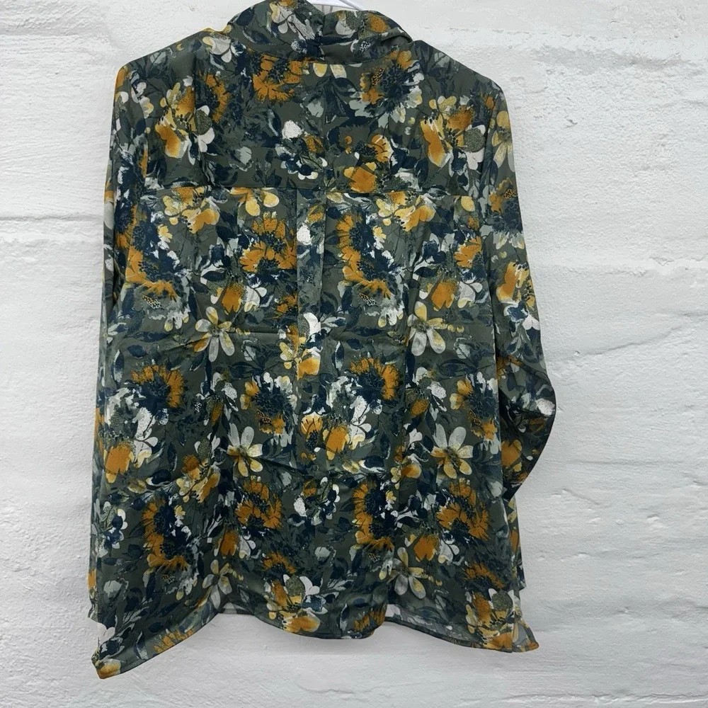 D&Co Denim & Co Size L Shirt Blouse Floral Long Sleeve TieGreen Blue Gold Flowy - Picture 1 of 9